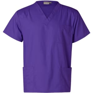 A purple unisex short sleeve scrub tunic top featuring a V-neck and a pocket. Includes branding on the label.