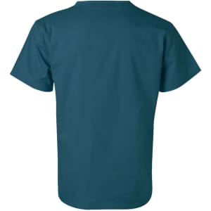 A teal unisex scrub short sleeve tunic top, featuring a simple design and a back view. Has a logo on the fabric.