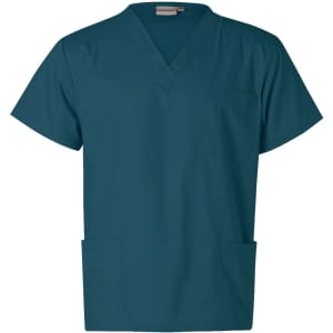 A teal unisex scrub short sleeve tunic top with a v-neck and pockets, featuring a logo on the label.