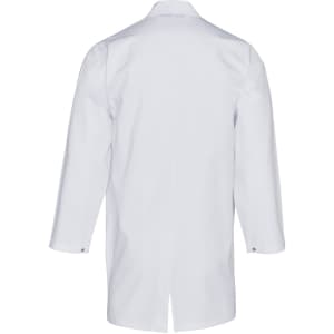 A white unisex long sleeve lab coat with a back view, featuring buttons at the cuffs and a simple design.
