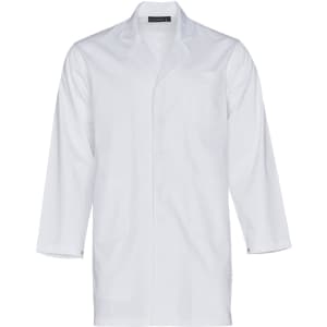 A white unisex long sleeve lab coat featuring a pocket and a logo on the collar.