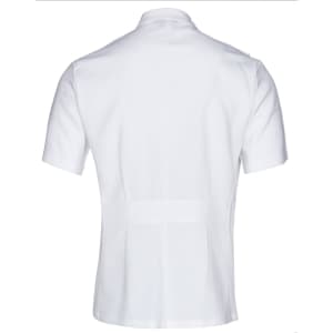 A white short sleeve jacket with a stud front design, featuring a sleek, tailored look and no visible logos.