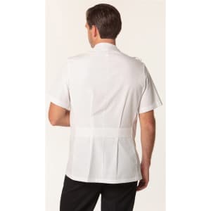 A men's short sleeve jacket in white, featuring a stud front design and a back pleat, includes a logo.