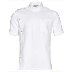 A short sleeve jacket in white with stud detail along one side and a chest pocket. It features branding on the collar.