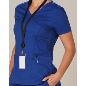 A solid blue short-sleeve scrub top with a V-neck design and pockets, featuring a lanyard for ID.