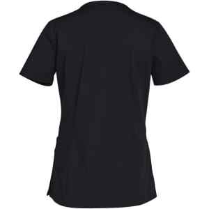A black ladies' short sleeve scrub top with a simple, solid design and a logo at the back.