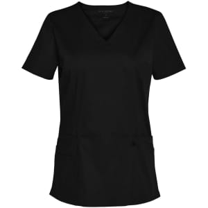 A black solid colour short-sleeve scrub top with a V-neck and two front pockets, featuring a logo.