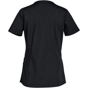 A black women's scrub top with short sleeves and a fitted design, featuring a logo on the back.