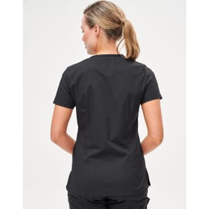 A women’s solid black short-sleeve scrub top featuring a sleek design and a logo on the back.