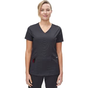 A solid black short-sleeve scrub top with a V-neck and pockets, featuring a logo.