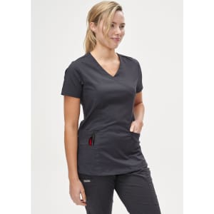 A solid black women's short-sleeve scrub top with a V-neck and side pockets, featuring a logo.