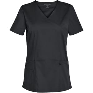 A dark green ladies' short sleeve scrub top with a V-neck and two front pockets. It features a logo.