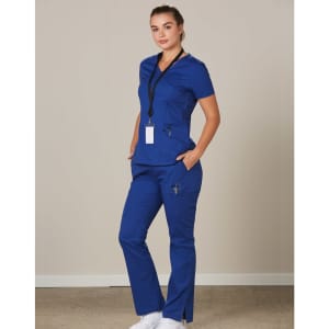 A solid blue short-sleeve scrub top featuring a logo and paired with matching scrub pants.