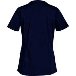 A navy blue ladies' scrub top with short sleeves and a simple design, featuring a logo on the back.