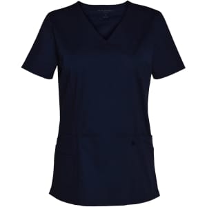 A navy short-sleeve scrub top featuring a V-neck and multiple pockets, with branding visible.
