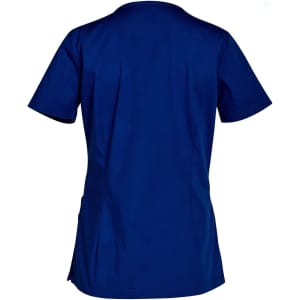 A solid navy short-sleeve scrub top with a slight tail and side pockets, featuring a logo on the back.