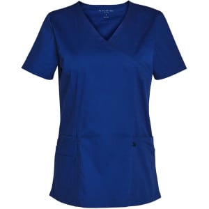 A navy blue short sleeve scrub top featuring a V-neck and two front pockets. Includes a logo on the sleeve.