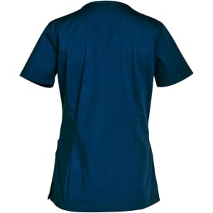 A solid dark teal short sleeve scrub top with a simple design and a logo on the back.