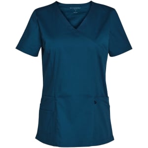 A solid colour short sleeve scrub top in teal with a v-neck design and two front pockets.