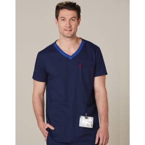 A men's scrub top in navy blue with a contrast blue neckline, featuring a chest pocket and a logo.