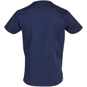 A navy blue men's scrub top featuring a simple design and contrasting colour elements on the side.