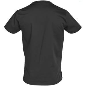 A black men's scrub top featuring a simple design with short sleeves and a back view. Includes branding.