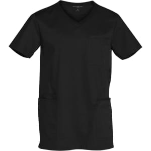 A black men's scrub top featuring a v-neck, short sleeves, and multiple pockets, with a logo present.