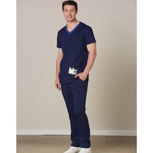A navy short-sleeve scrub top with a contrast pocket, featuring a logo, paired with matching trousers.