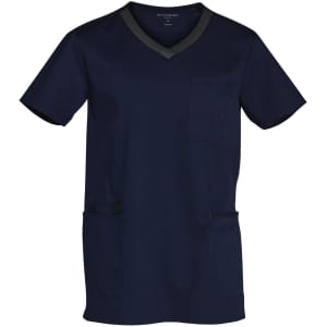 Men's short sleeve scrub top in navy with contrasting trim and pockets. Features a logo on the neckline.