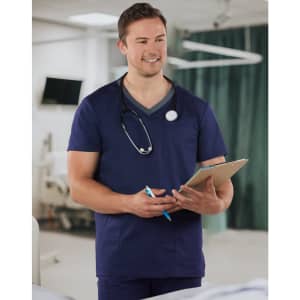 A men's short-sleeve scrub top in navy blue with a contrast colour neckline and a pocket, featuring a stethoscope.