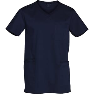 Men's short sleeve scrub top in navy blue with contrast colour detailing, featuring a pocket and branding.