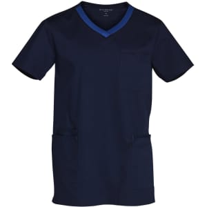Men's short-sleeve scrub top in navy with contrast colour accents and pockets, featuring a logo.