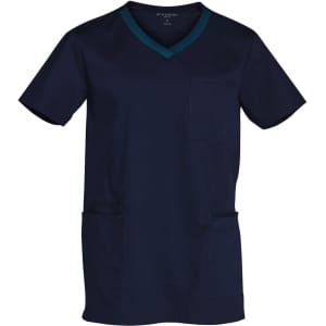 Men's scrub top in navy blue with contrast colour detailing and a pocket at the front. Features a logo.