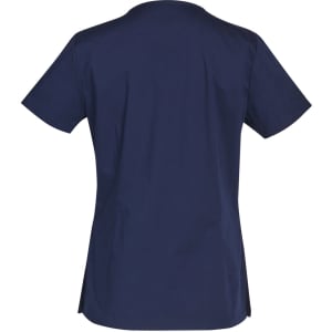 A navy women's scrub top with short sleeves and a fitted design, featuring contrast colour accents.