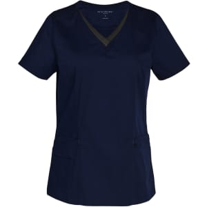 A navy blue ladies' scrub top featuring a contrast colour neckline and pockets, with a logo on the label.