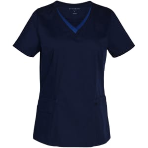 A navy blue scrub top featuring contrast colour detailing and two front pockets. Includes a logo.