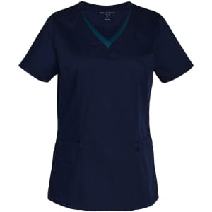 A navy blue ladies' scrub top featuring a V-neck and contrast colour detailing, with two pockets and a logo.