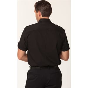 A men's short sleeve military shirt in black, featuring a button-up design and rolled sleeves. It has a logo.