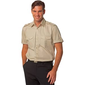 A men's short sleeve military shirt in beige, featuring button-up front and two chest pockets.