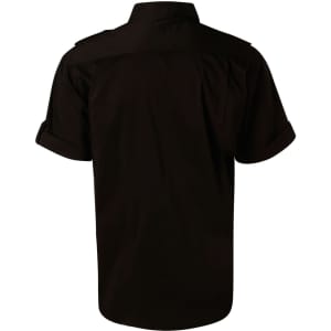 A black men's short sleeve military shirt with a button-up design and rolled sleeves. Features a logo on the back.