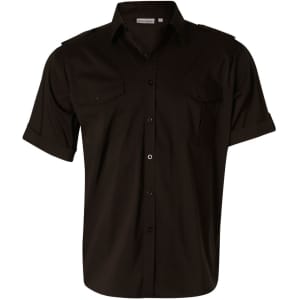 A men's short sleeve military shirt in black with two front pockets and a button-up design. It features a logo.