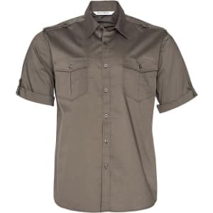 A short sleeve military shirt in olive green with two chest pockets and a button-up front. Features a logo on the label.