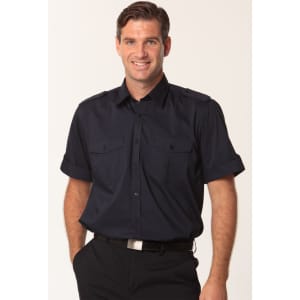 A men's short sleeve military shirt in navy with two front pockets and shoulder epaulettes, featuring a logo.