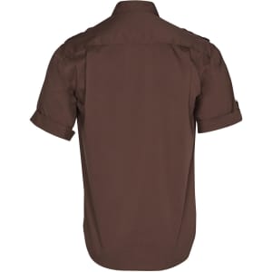 A brown men's short sleeve military shirt with rolled-up sleeves and a logo on the back.