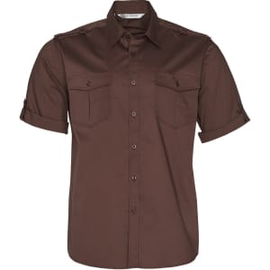 A short sleeve military shirt in a rich brown colour with two front pockets and a logo on the label.