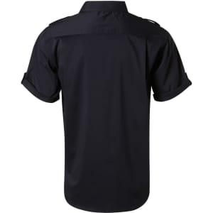 A black short sleeve military-style shirt, featuring a button-up design and rolled sleeves. It has a logo on it.