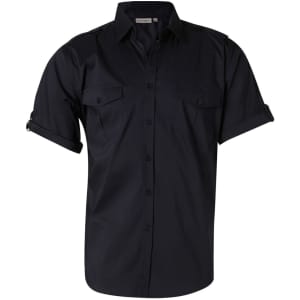 A black men's short sleeve military shirt with button-up front and two chest pockets, featuring rolled-up sleeves.