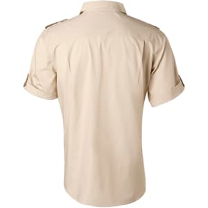 A beige men's short sleeve military shirt with rolled sleeves and shoulder epaulettes, featuring a logo.