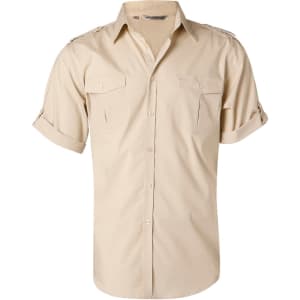 A beige men's short sleeve military shirt with button-up front and chest pockets. Features a logo on the collar.