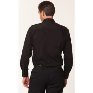 A black long sleeve military shirt featuring a button-up design and epaulettes on the shoulders.